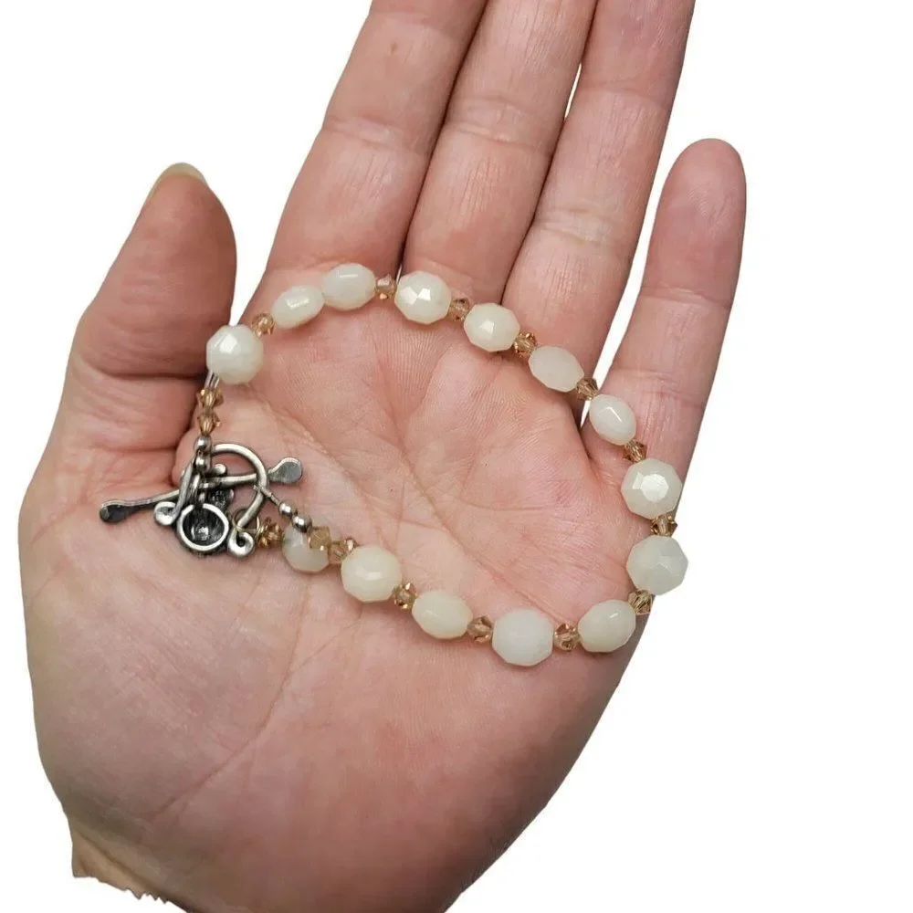 Artisan Handmade 925 Sterling Silver White Quartz Bicone Beaded Bracelet Healing